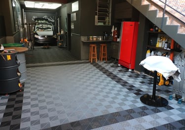 a garage with a car parked in the garage