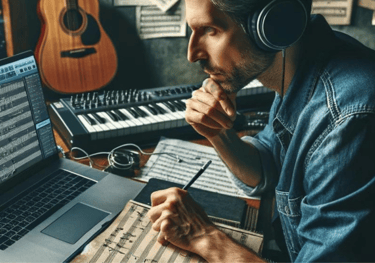 a man in headphones and headphones is sitting at a desk with a laptop