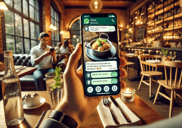 a person holding a phone with a whatapps messages in a restaurant