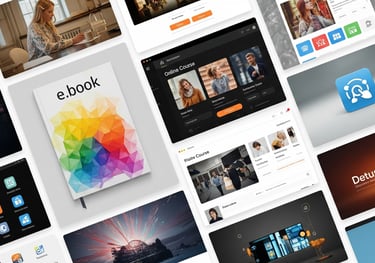 Colorful collage of e-book, online course, and software icons.