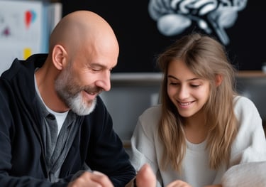 A smiling teacher helps a young student with a scientific writing in a classroom.