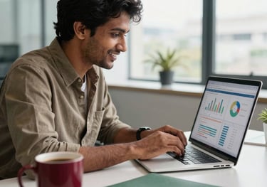 A smiling South Asian / Indian e-commerce entrepreneur reviewing performance analytics on a laptop screen in a bright modern office in Bangalore, with deep crimson coffee mug and forest green notebook on crisp parchment workspace.