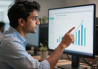 A South Asian / Indian business analyst pointing to upward trending engagement charts on a desktop monitor in a modern tech hub office in Gurgaon.