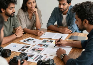 A creative team of South Asian / Indian social media managers brainstorming video shoot concepts around a wooden meeting table with moodboards and cameras.