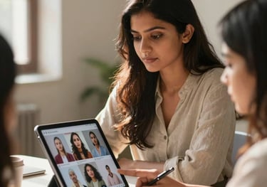 A young South Asian / Indian female fashion brand founder examining video campaign content on a tablet during a strategy review session in Delhi, natural soft sunlight streaming in.