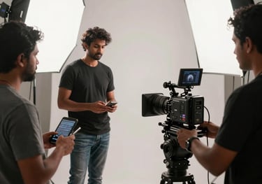 Behind-the-scenes photography of a South Asian / Indian video crew directing a professional brand commercial with cinema cameras and soft box lighting in a stylish studio in Mumbai.