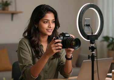 A dynamic shot of a South Asian / Indian lifestyle influencer recording a promotional video reel with a ring light and DSLR camera setup in a cozy creative studio.
