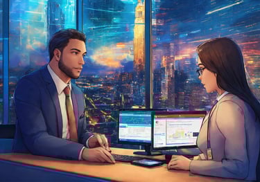 a man and woman sitting at a desk with a laptop