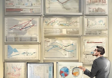 a man in a suit and tie is pointing at a wall with graphs