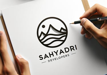 Person sketching Sahyadri Developers' logo in a notebook with a pen