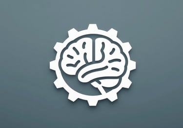 Digital icon of a brain inside a gear, representing AI processing technology. Minimalist design in #4A8B9C.