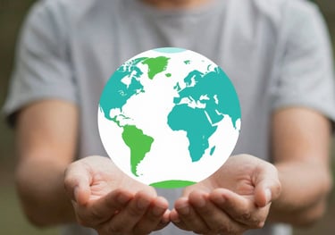 An icon representing global scale, a stylized globe with connecting dots in teal #4A8B9C and green #6A9B8D.