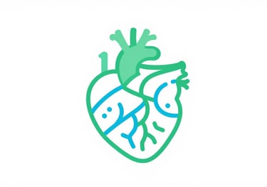 Abstract icon of a digital heart and brain connection, minimalist style using #6A9B8D green and #4A8B9C blue lines on white background.