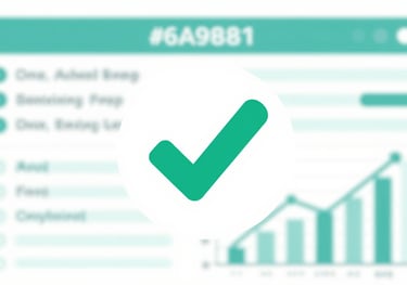 Minimalist representation of a medical report with a green checkmark and data charts, using #6A9B8D and #4A8B9C.