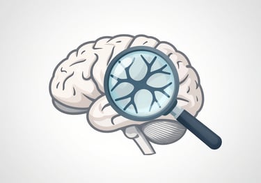 Graphic showing a brain with a magnifying glass focused on a neural path. Minimalist medical illustration in #4A8B9C.