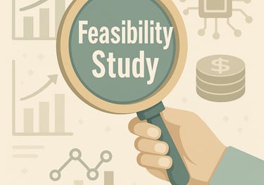 יד אוחזת בזכוכית מגדלת עם הכיתוב Feasibility Study בין אייקונים עסקיים וטכנולוגיים