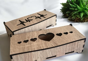 a wooden box with a heart shaped box with a heart shaped hole