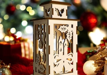 a lantern lantern with a christmas tree in the background