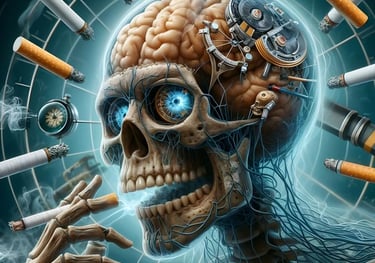 Crâne futuriste entouré de cigarettes, illustrant les dangers du tabac sur le cerveau et le corps