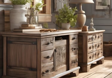 a wooden dresser with a lamp and a lamp
