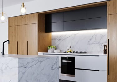 a kitchen with a marbled counter top