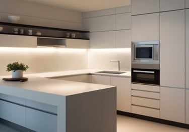 a kitchen with a white counter top and a potted plant