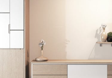 a modern style entertainment center with a white cabinet and a wooden cabinet