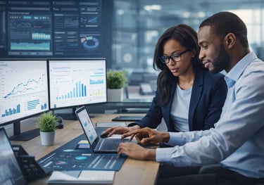 Solutions numériques pour entreprises : équipe travaillant sur laptop avec tableaux d'analyse et tec