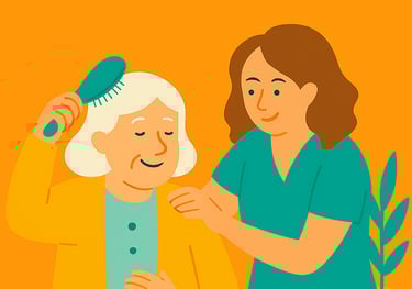 Persona ayudando a peinarse a una persona mayor.