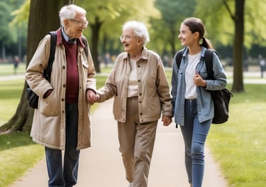 Persona joven acompañando en paseo parque a  2 personas mayores.