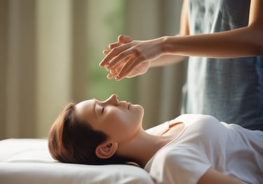 A person is sitting on a blue yoga mat adorned with celestial patterns, holding a crystal in their open hand, with bare feet visible in a relaxed pose.