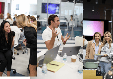 a group of people standing around a table eat lunch after an AI presentation