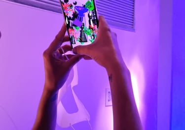 a person holding a cell phone up to their face - digital art