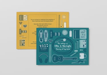 Wedding invitation flat lay showing front and back of the design