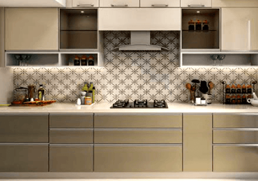 Modular Kitchen with ceramic tile, hob and chimney