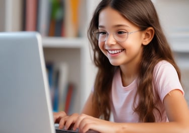 a young girl is smiling and looking at the camera
