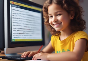 a young girl smiling and holding a pen and writing on a paper