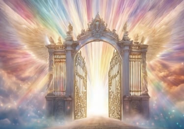 un portail qui s'ouvre sur un ciel de rayons multicolores