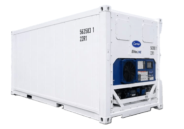 A 20ft white refrigerated shipping container with a Carrier EliteLINE cooling unit for cold storage.