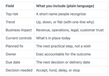 one-page risk snapshot for CISO transition support