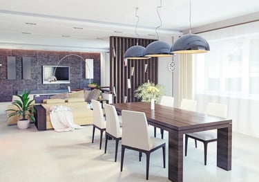 a dining room with a table and chairs