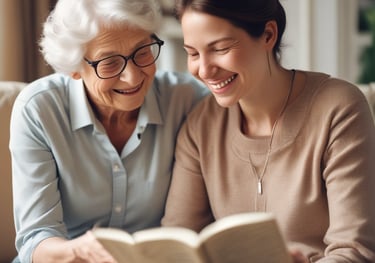 A warm and inviting scene of a caregiver and senior enjoying time together.