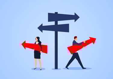 a man and woman are standing in front of a sign and both heading to the other direction