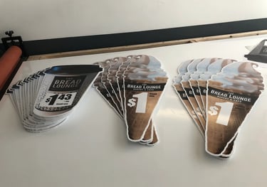 a table with a bunch of stickers on it