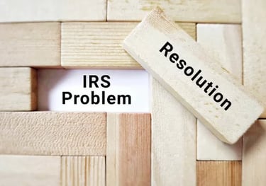 Side-by-side blocks with one labeled ‘Resolution' meant to cover the text, 'IRS Problem'.
