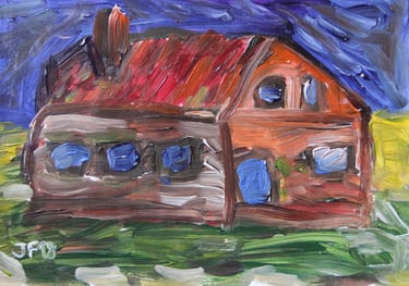a painting of a house with a red roof