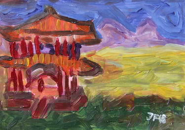 a painting of an Asian building and mountains in the background