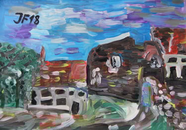 a painting of old houses in ruins