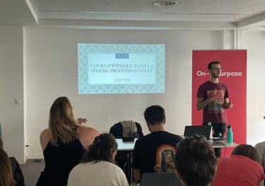 a man standing in front of a presentation on a presentation