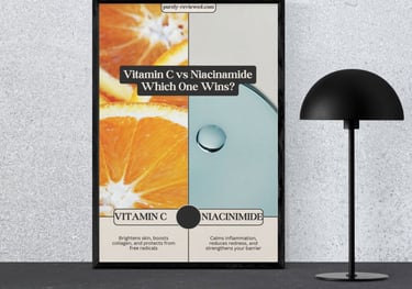 Poster comparing Vitamin C vs Niacinamide skincare ingredients – brightening and calming benefits